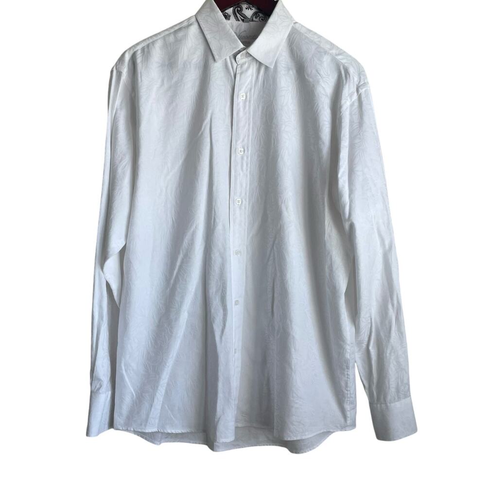 Visconti Mens Shirt M White Button Up Subtle Print Cotton Business Office Travel